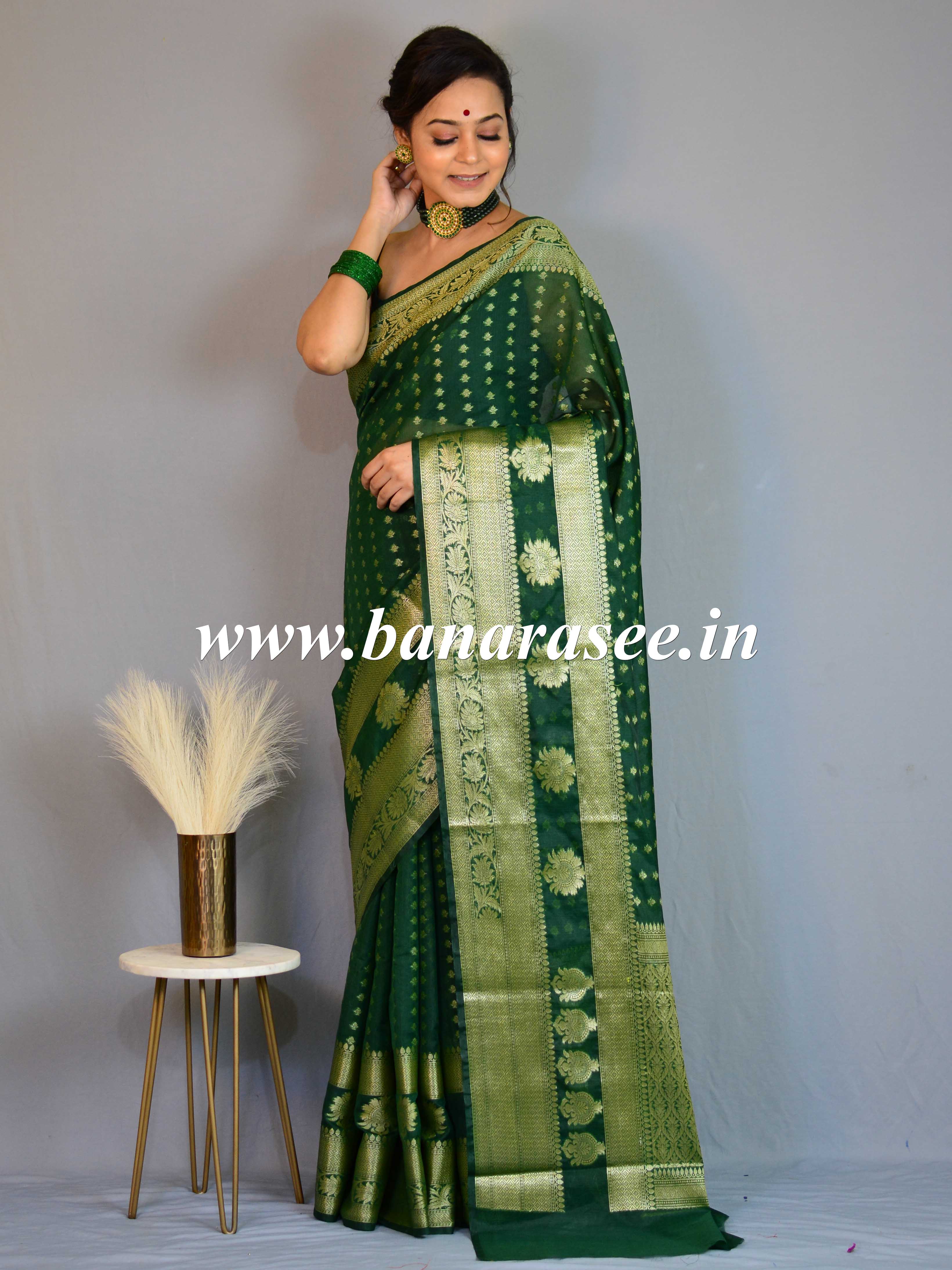 Banarasee Handwoven Semi-Chiffon Saree With Floral Border & Buti-Green