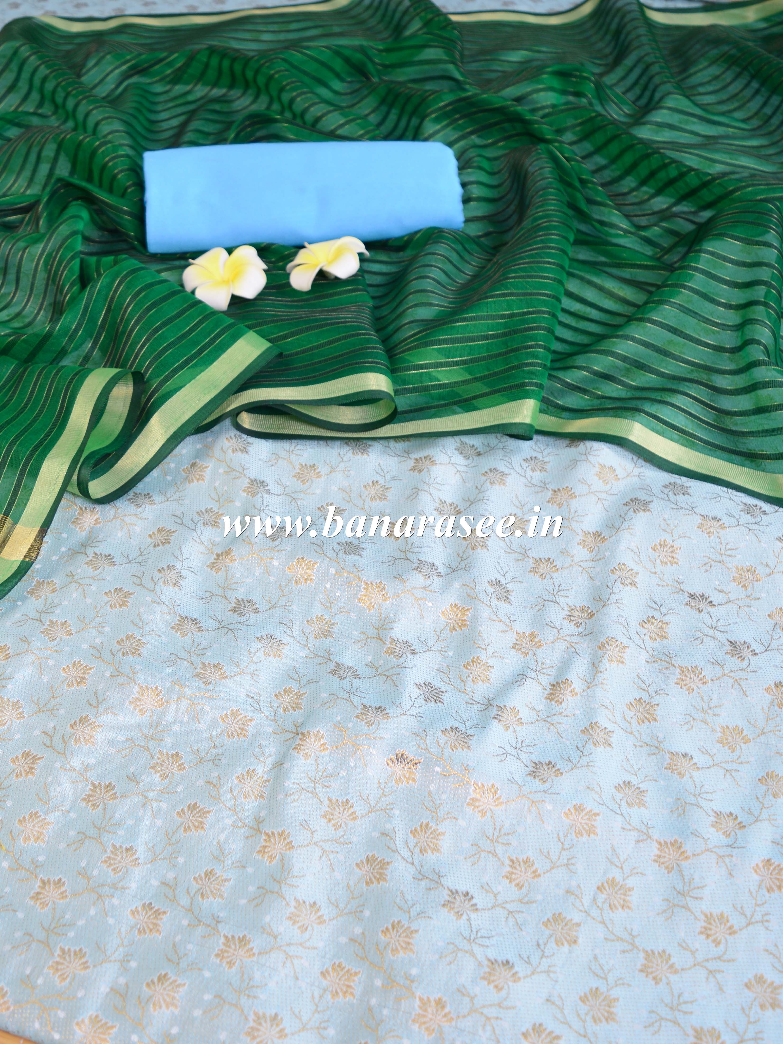 Banarasee Brocade Salwar Kameez Fabric With Art Silk Dupatta-Blue & Green