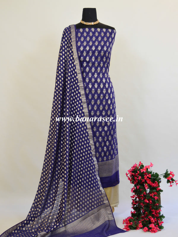 Banarasee Cotton Silk Salwar Kameez Fabric With Zari Buta-Deep Blue