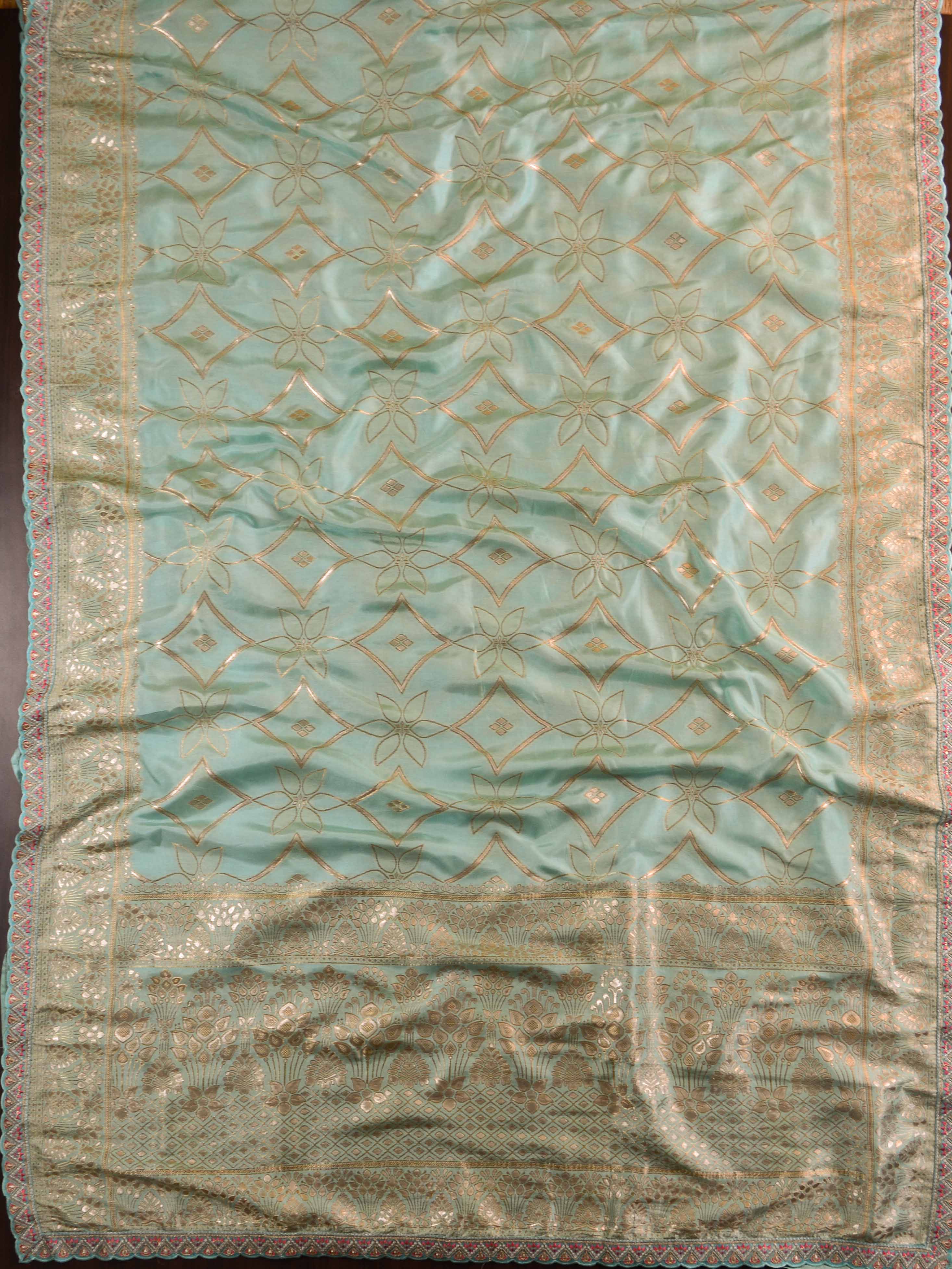 Banarasee Handwoven Semi-Katan Zari Work Saree With Pink Embroidered Blouse-Pastel Green