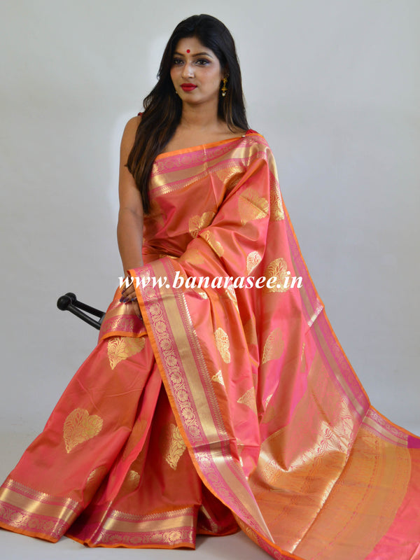 Banarasee Handwoven Semi Silk Saree With Zari Border & Buta-Peach