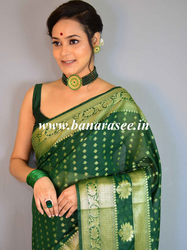 Banarasee Handwoven Semi-Chiffon Saree With Floral Border & Buti-Green
