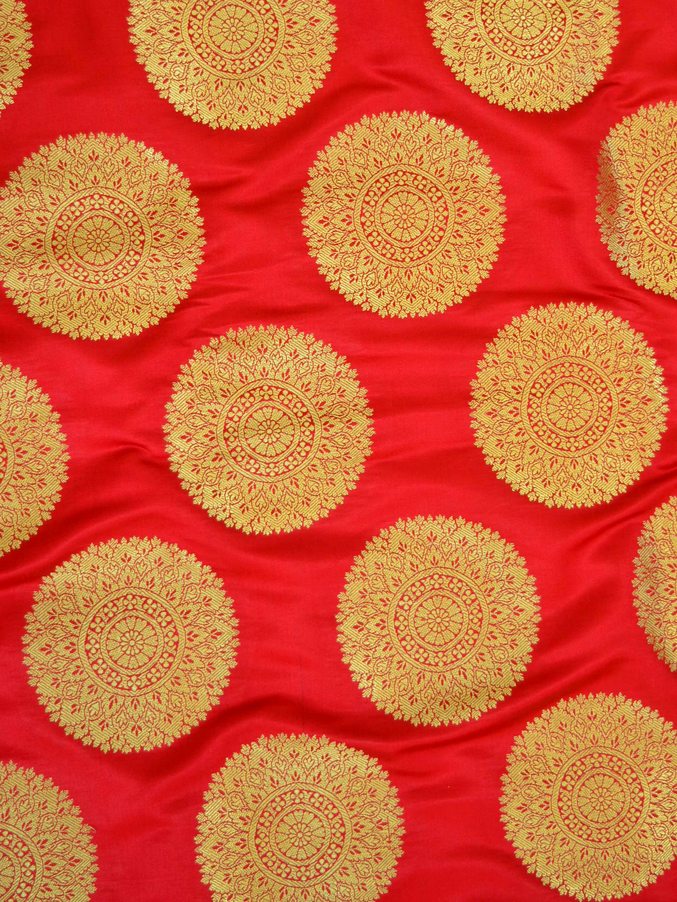 Banarasee Satin Brocade Gold Zari Big Circle Buta Fabric-Red