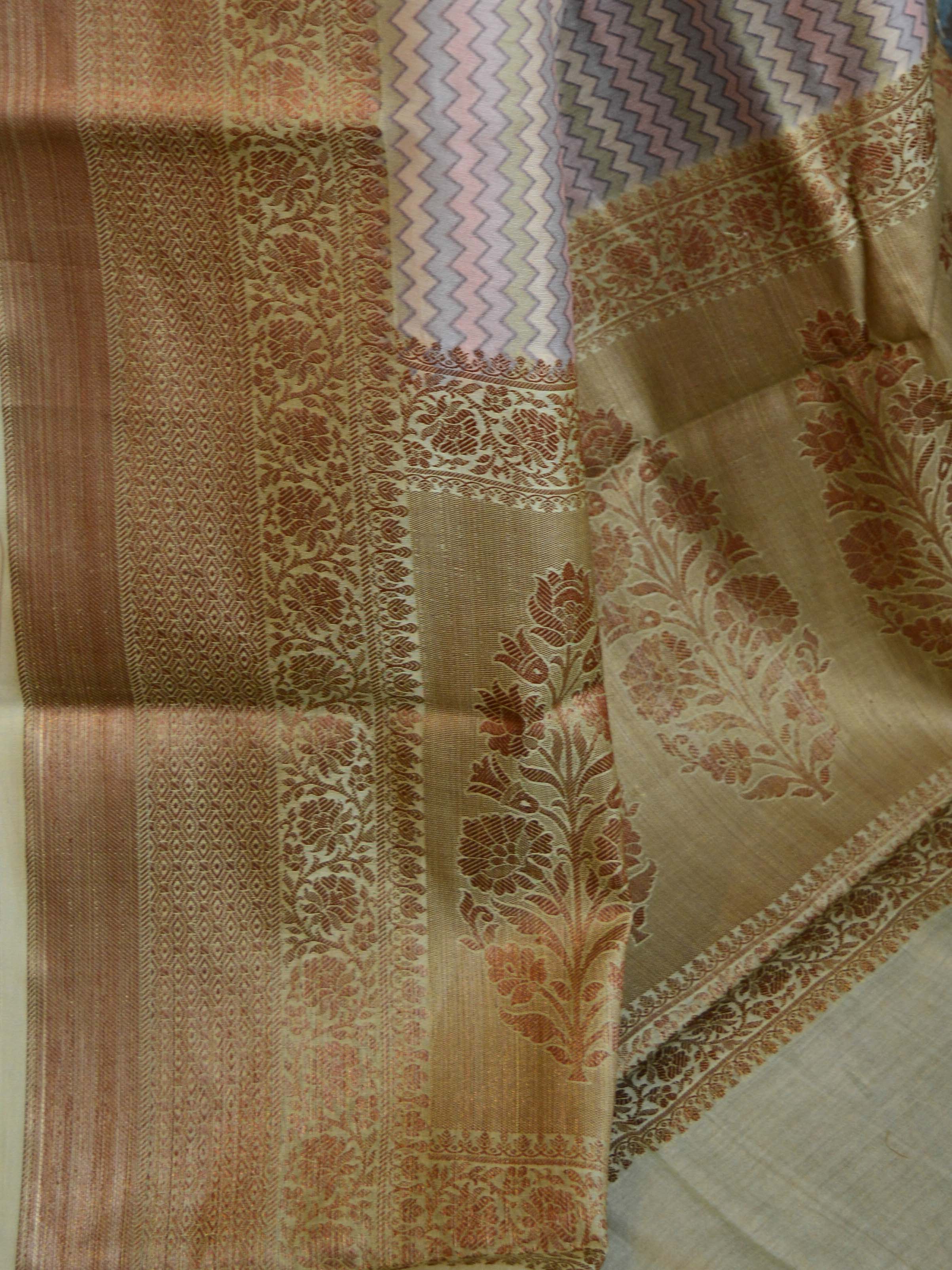 Banarasee Handwoven Pure Silk Cotton Saree With Antique Zari & Digital Floral Print-Ivory White