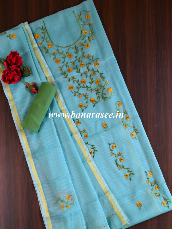 Banarasee Kota Doria Hand-Embroidered Phool Patti Work Salwar Kameez Dupatta Set-Blue