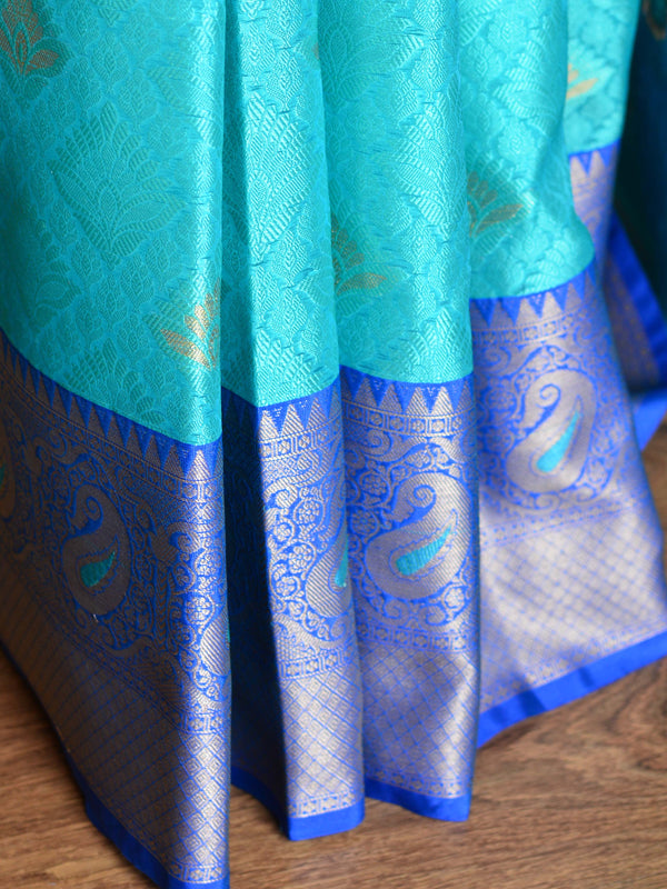 Banarasee Kora Muslin Saree With Buta Design & Skirt Border-Green & Blue