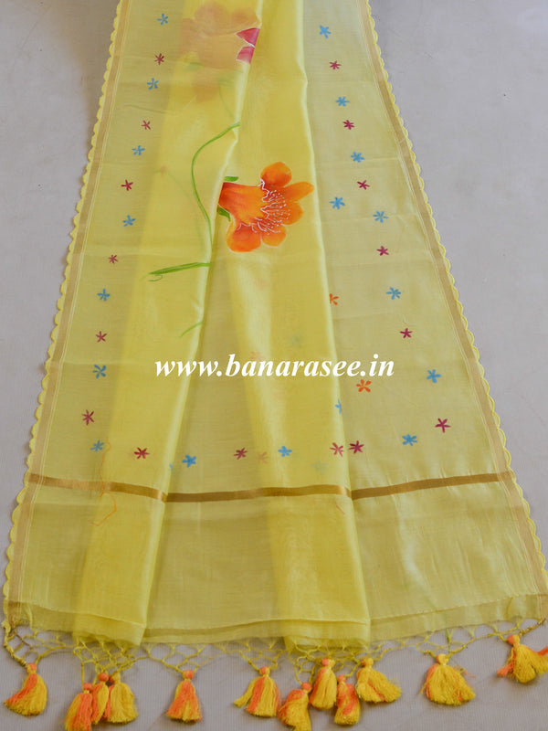 Banarasee Pure Handloom Chanderi Hand Painted Dupatta-Yellow