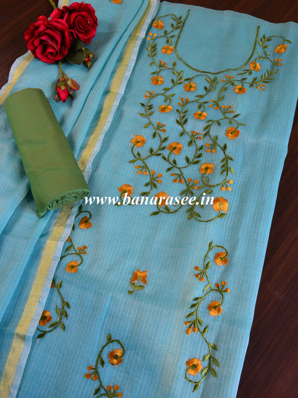 Banarasee Kota Doria Hand-Embroidered Phool Patti Work Salwar Kameez Dupatta Set-Blue