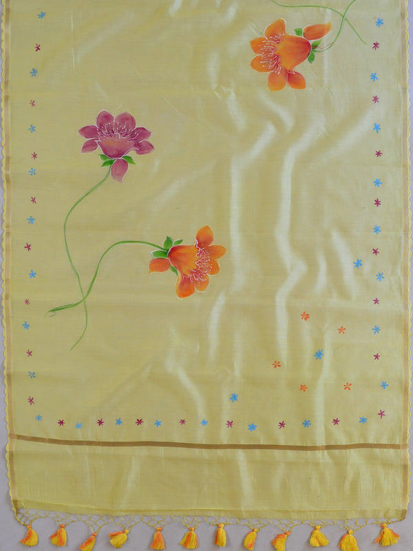 Banarasee Pure Handloom Chanderi Hand Painted Dupatta-Yellow