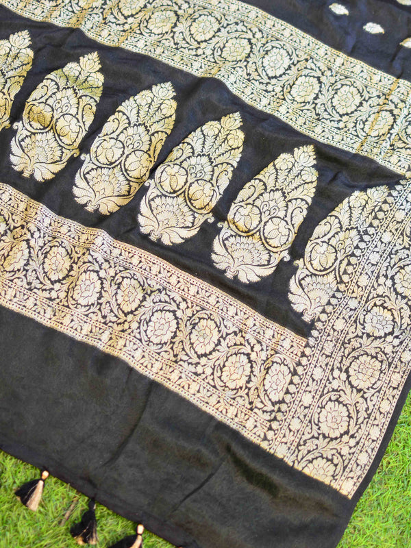 Banarasee Chiffon Floral Zari Buti & Border Saree-Black