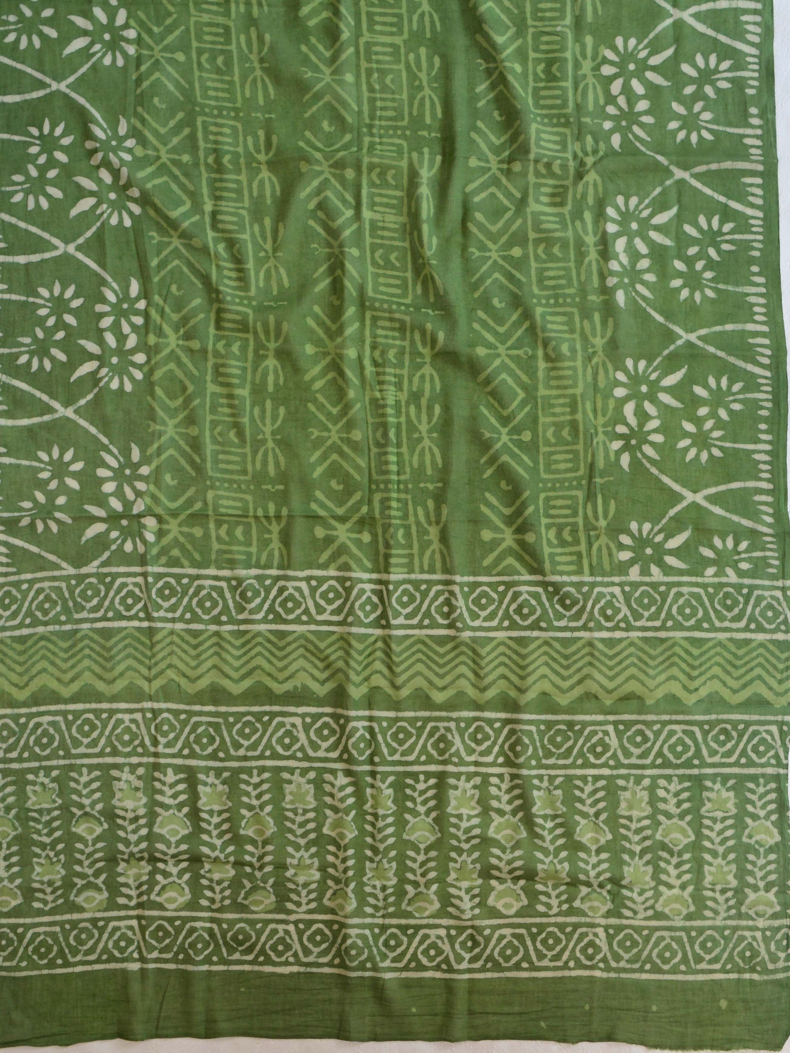 Handloom Mul Cotton Block Print Suit Set-Green