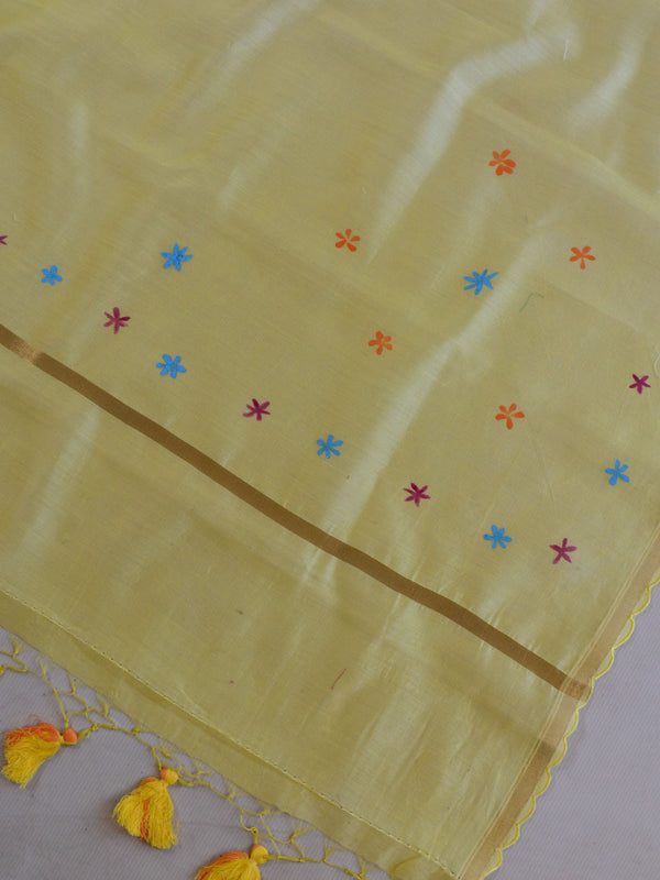 Banarasee Pure Handloom Chanderi Hand Painted Dupatta-Yellow