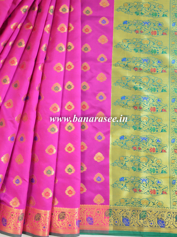 Banarasee Art Silk Saree With Floral Border-Magenta