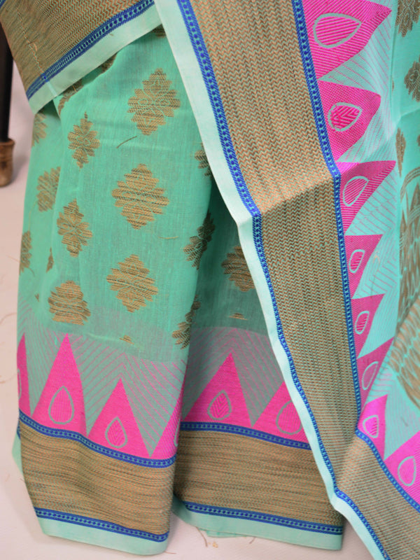 Banarasee Handloom Cotton Saree with Resham Work-Sea Green