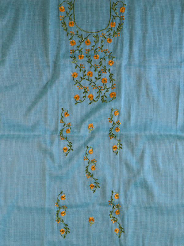 Banarasee Kota Doria Hand-Embroidered Phool Patti Work Salwar Kameez Dupatta Set-Blue