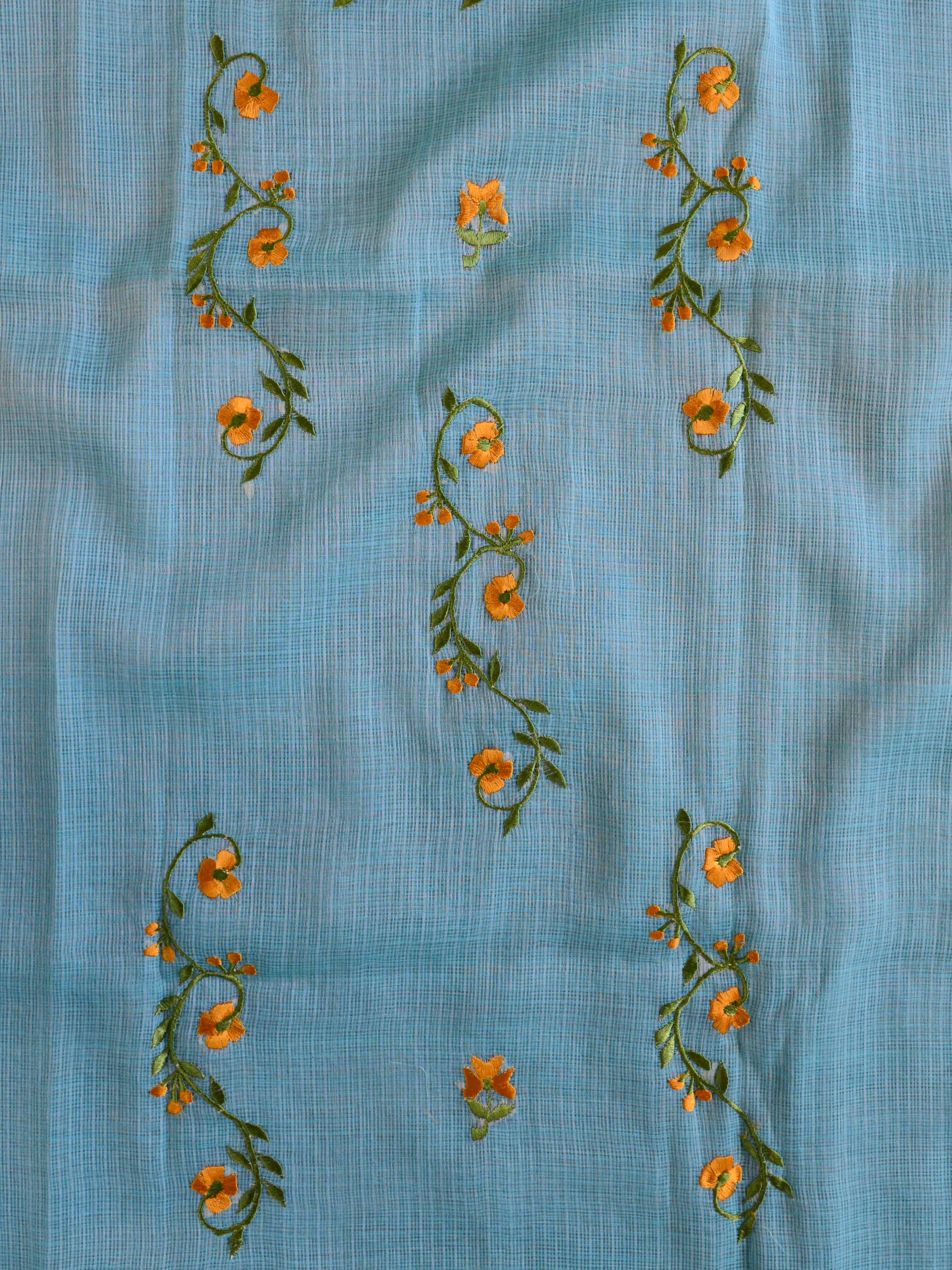 Banarasee Kota Doria Hand-Embroidered Phool Patti Work Salwar Kameez Dupatta Set-Blue