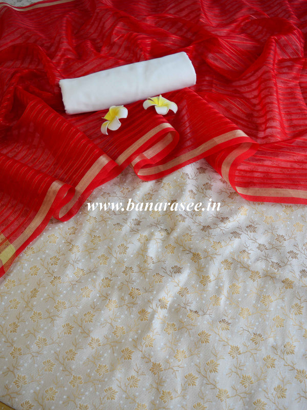 Banarasee Brocade Salwar Kameez Fabric With Art Silk Dupatta-Red & White