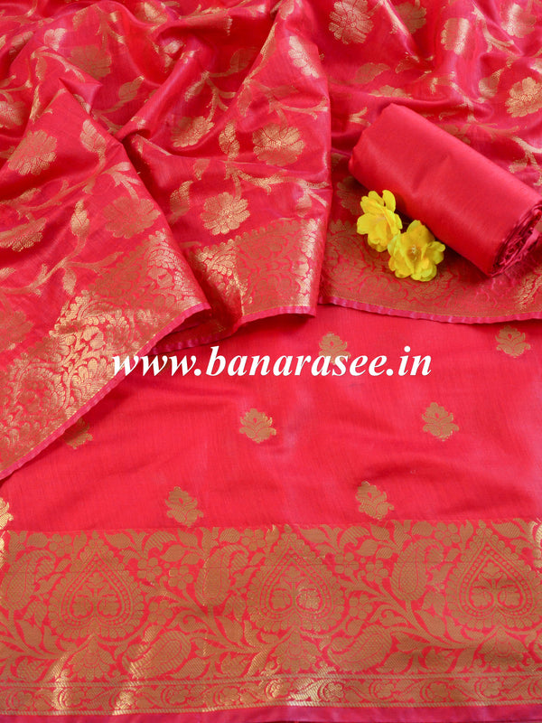 Banarasee Chanderi Cotton Zari Buta Design Salwar Kameez & Dupatta Set-Red