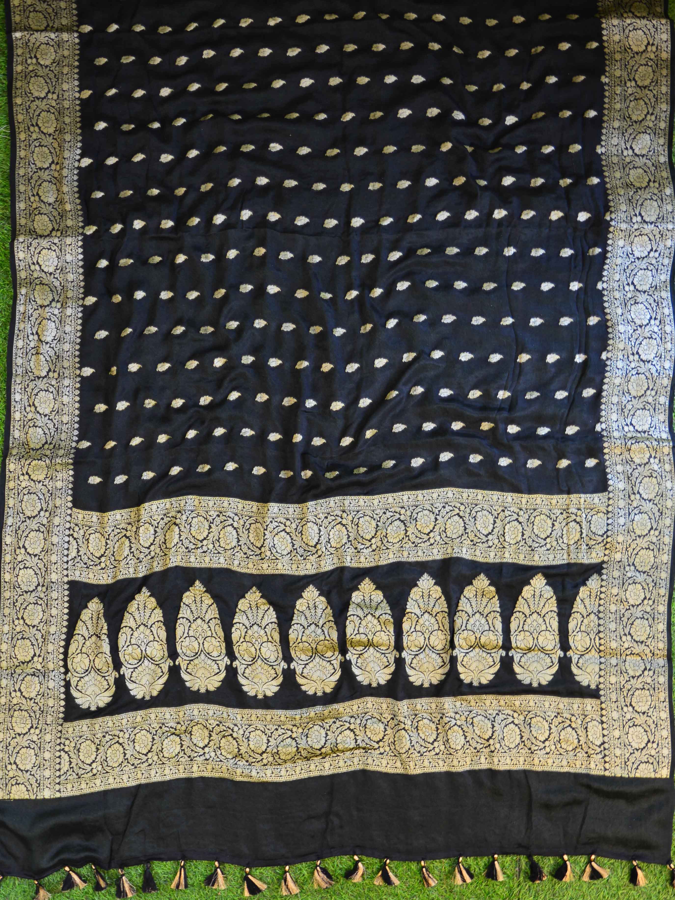 Banarasee Chiffon Floral Zari Buti & Border Saree-Black