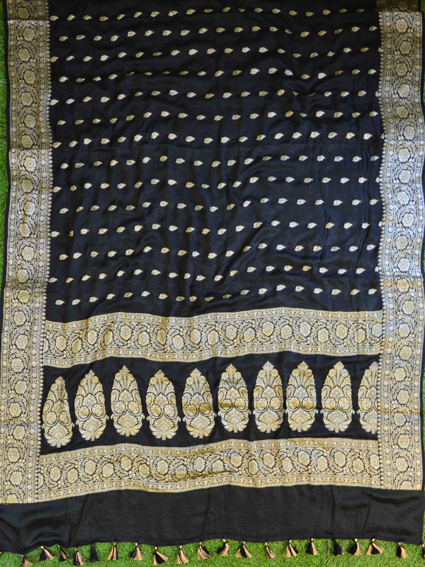 Banarasee Chiffon Floral Zari Buti & Border Saree-Black
