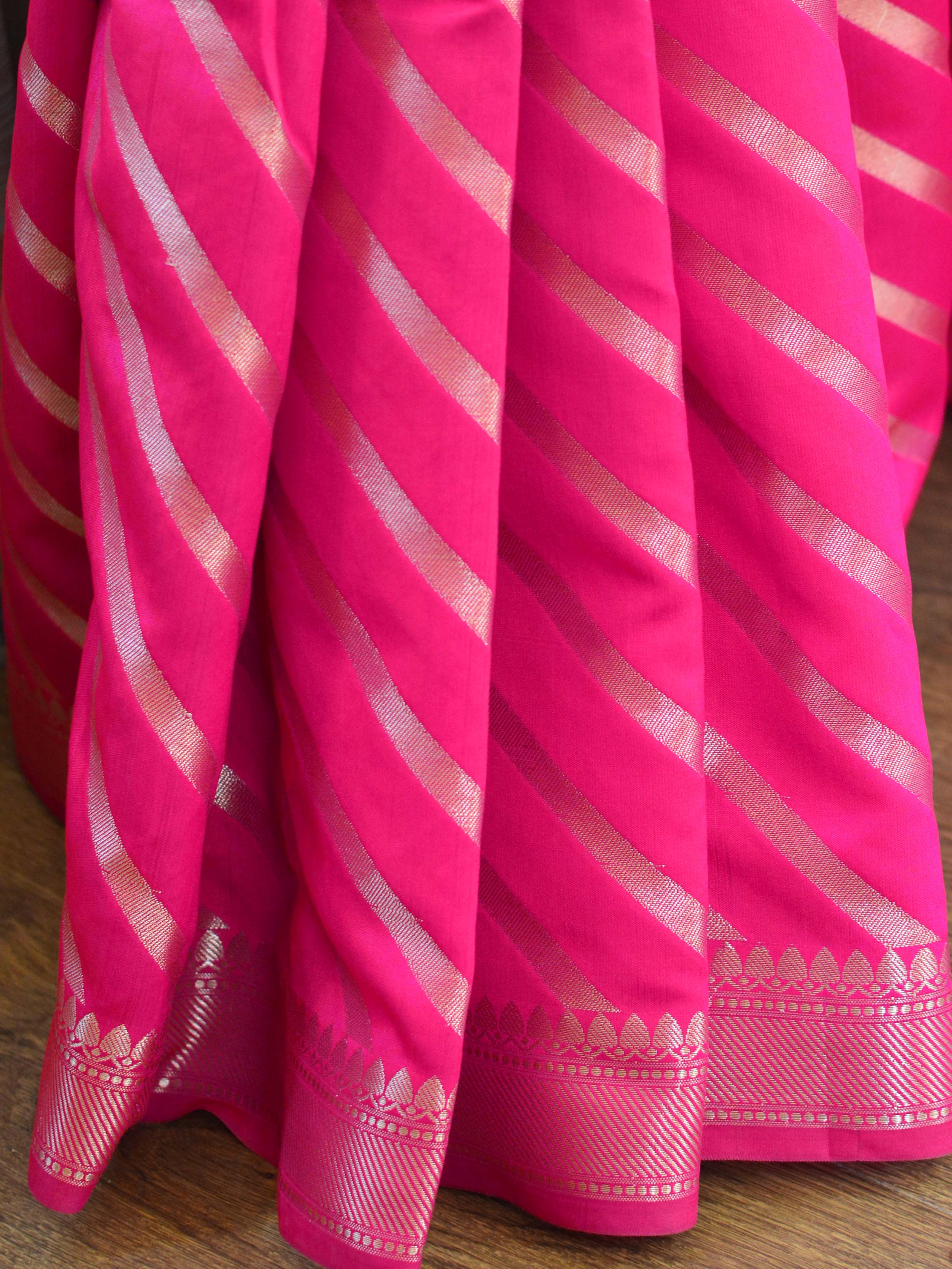 Banarasee Handwoven Semi Silk Saree With Stripes Design-Pink