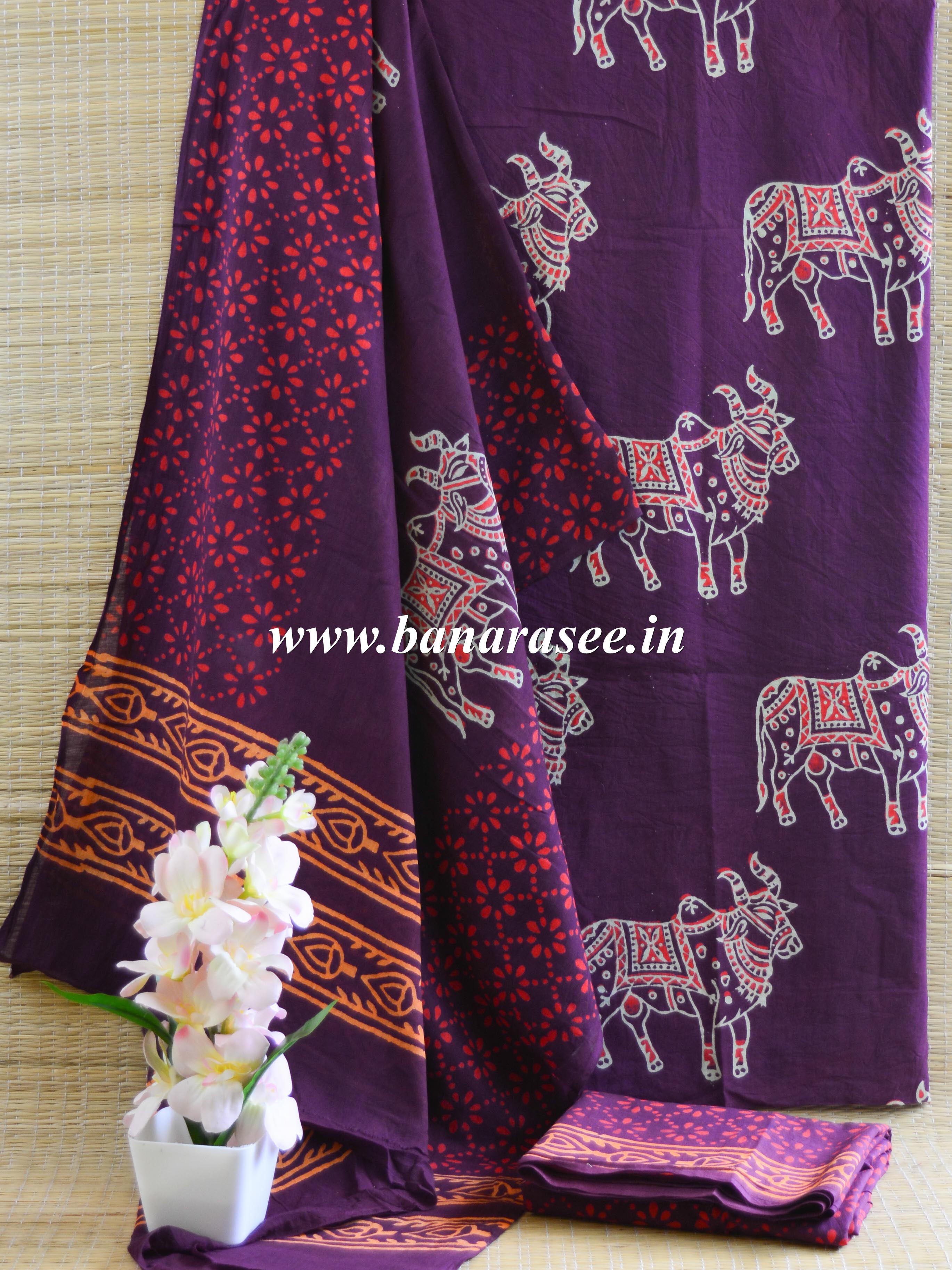 Handloom Mul Cotton Handblock Printed Suit Set-Violet