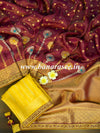 Banarasee Handwoven Semi-Katan Zari Work Saree With Contrast Embroidered Blouse-Maroon