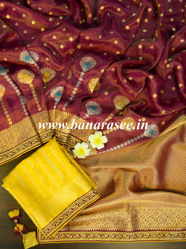 Banarasee Handwoven Semi-Katan Zari Work Saree With Contrast Embroidered Blouse-Maroon