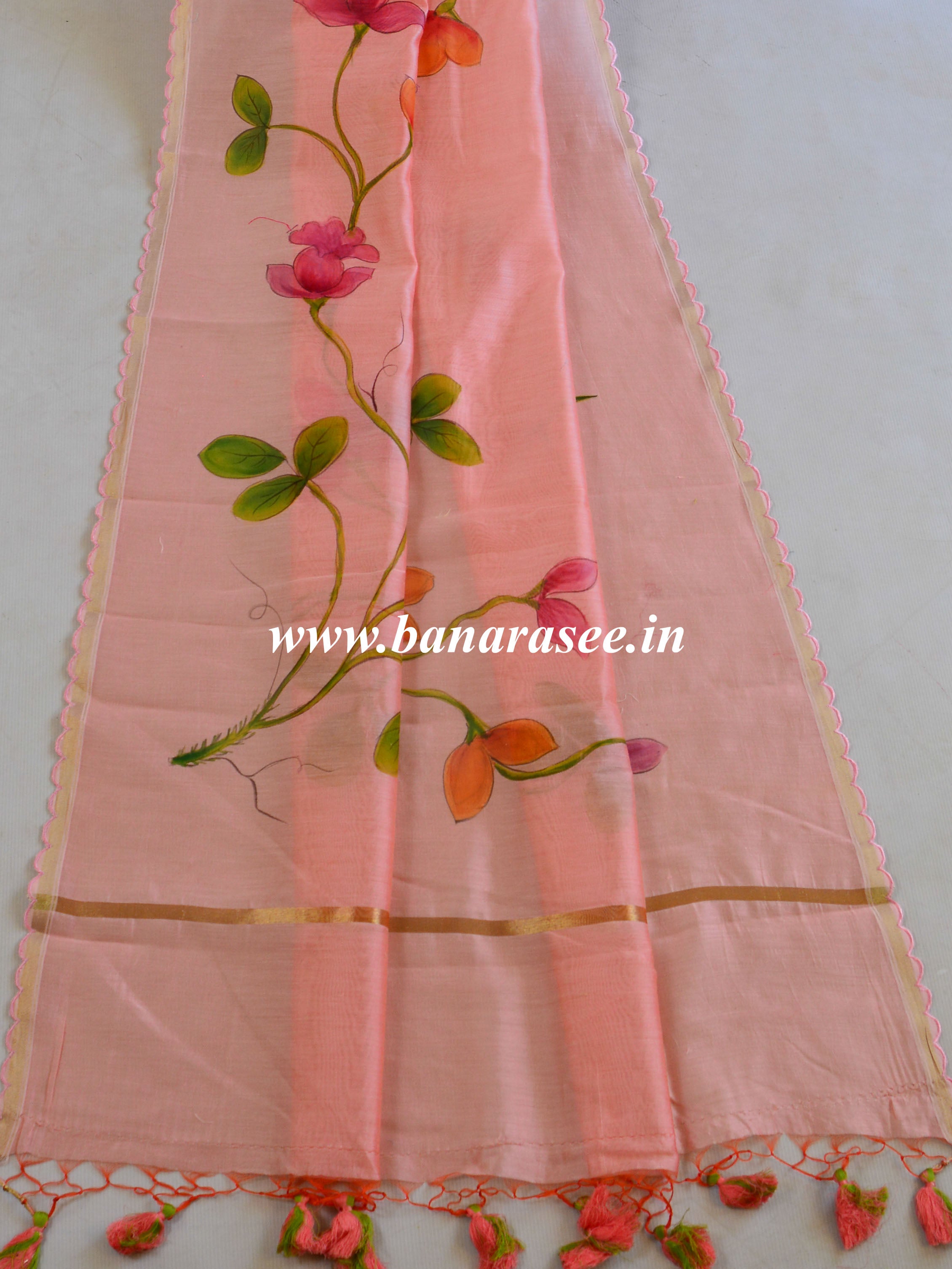 Banarasee Pure Handloom Chanderi Hand Painted Dupatta-Peach