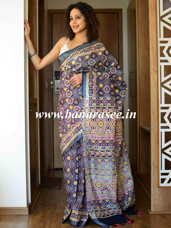 Bhagalpur Handloom Pure Linen Cotton Ajrakh Print Saree-Black