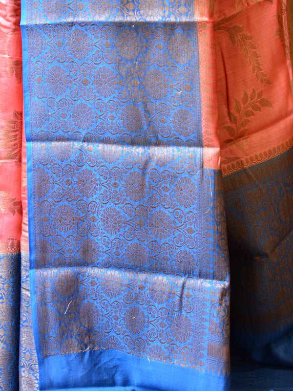 Banarasee Handwove Silk Cotton Saree With Antique Zari Buta & Border-Peach