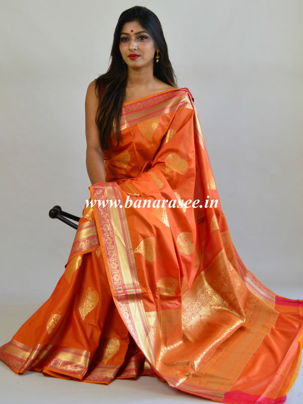 Banarasee Handwoven Semi Silk Saree With Zari Border & Buta-Orange