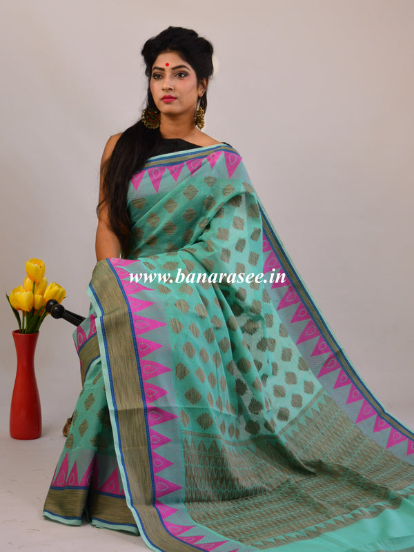 Banarasee Handloom Cotton Saree with Resham Work-Sea Green