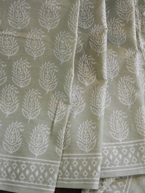Handloom Mul Cotton Hand Print Saree-Grey