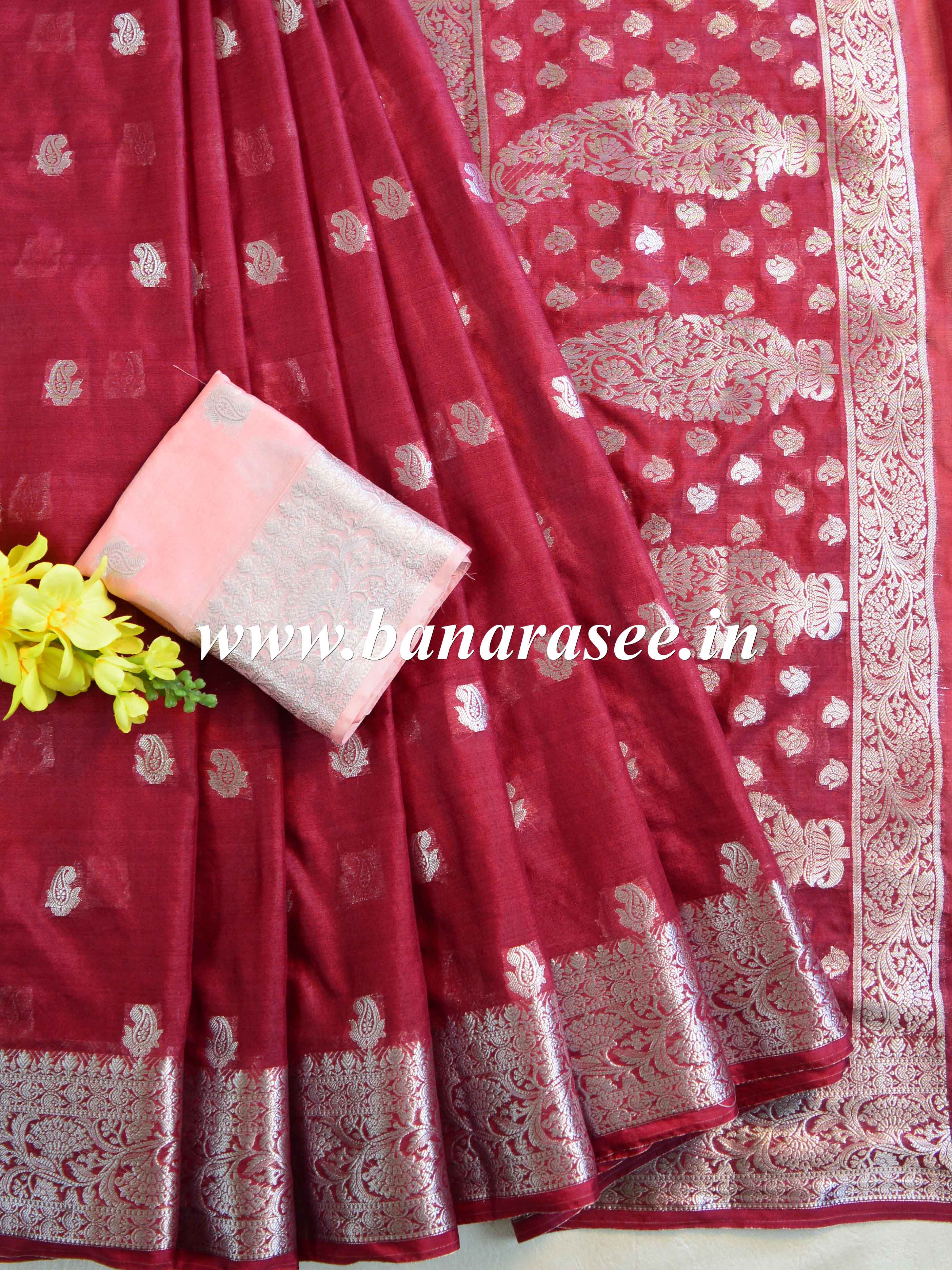 Banarasee Handwoven Semi-Chiffon Saree With Silver Zari & Contrast Blouse-Maroon