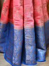 Banarasee Handwove Silk Cotton Saree With Antique Zari Buta & Border-Peach