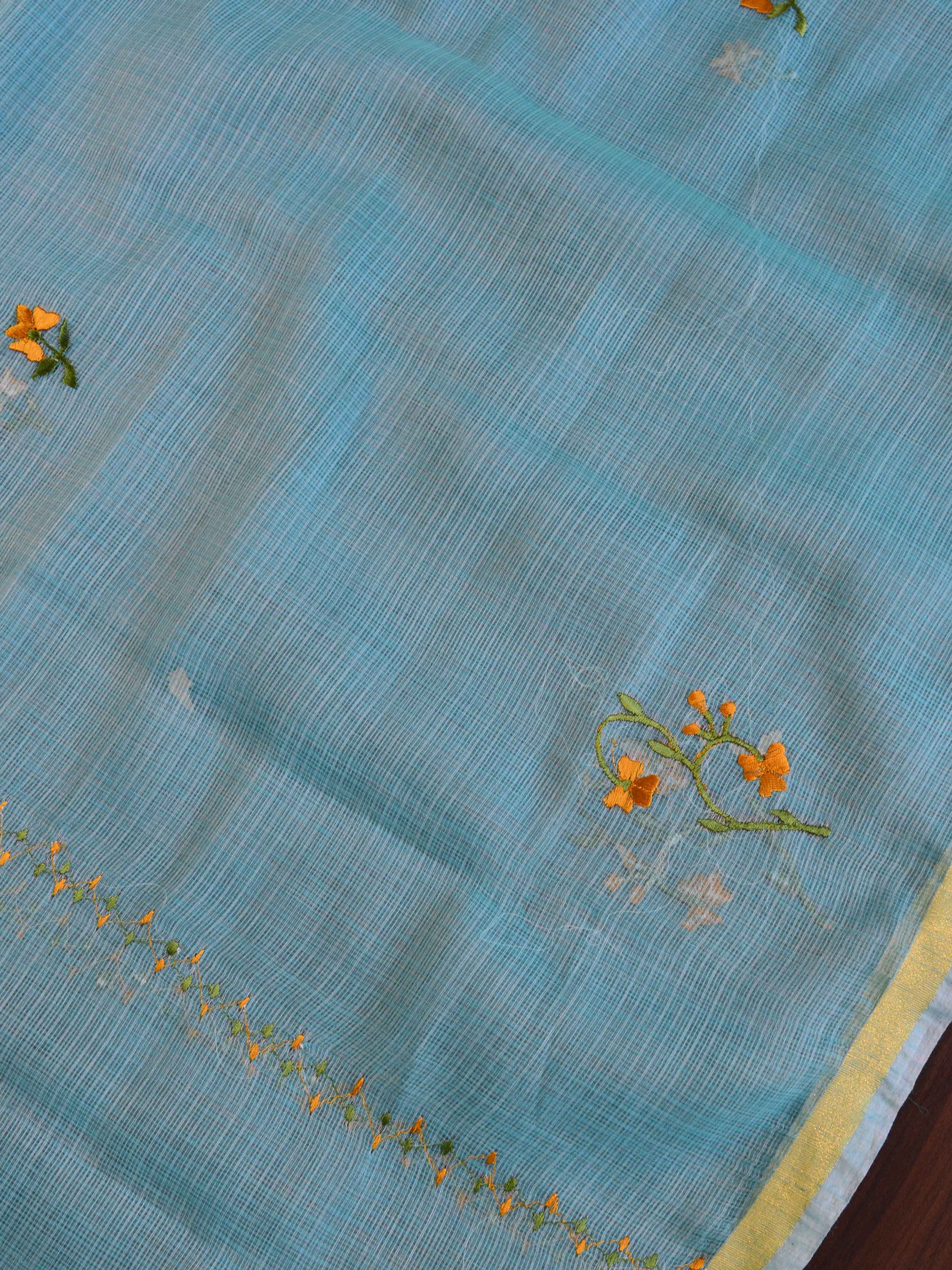 Banarasee Kota Doria Hand-Embroidered Phool Patti Work Salwar Kameez Dupatta Set-Blue