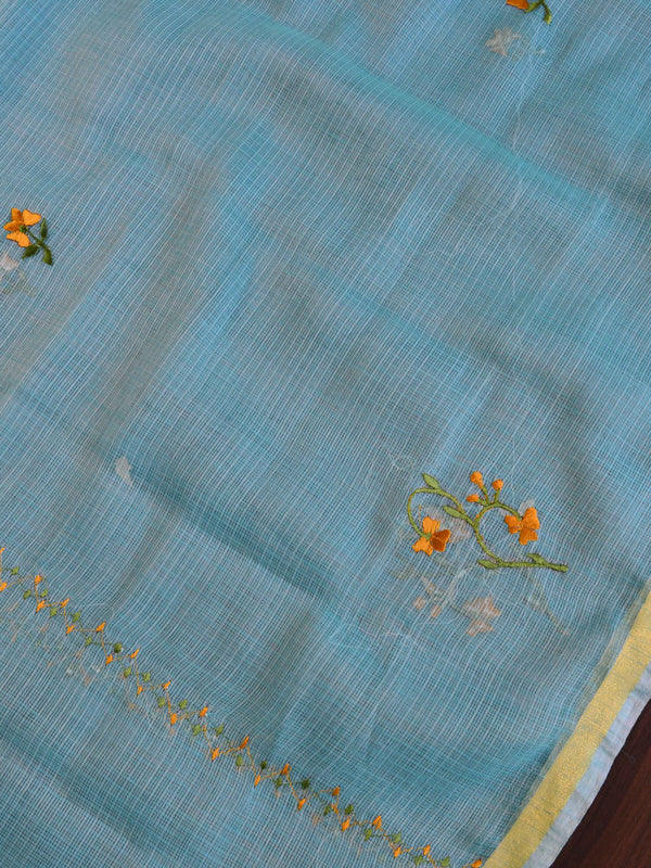 Banarasee Kota Doria Hand-Embroidered Phool Patti Work Salwar Kameez Dupatta Set-Blue