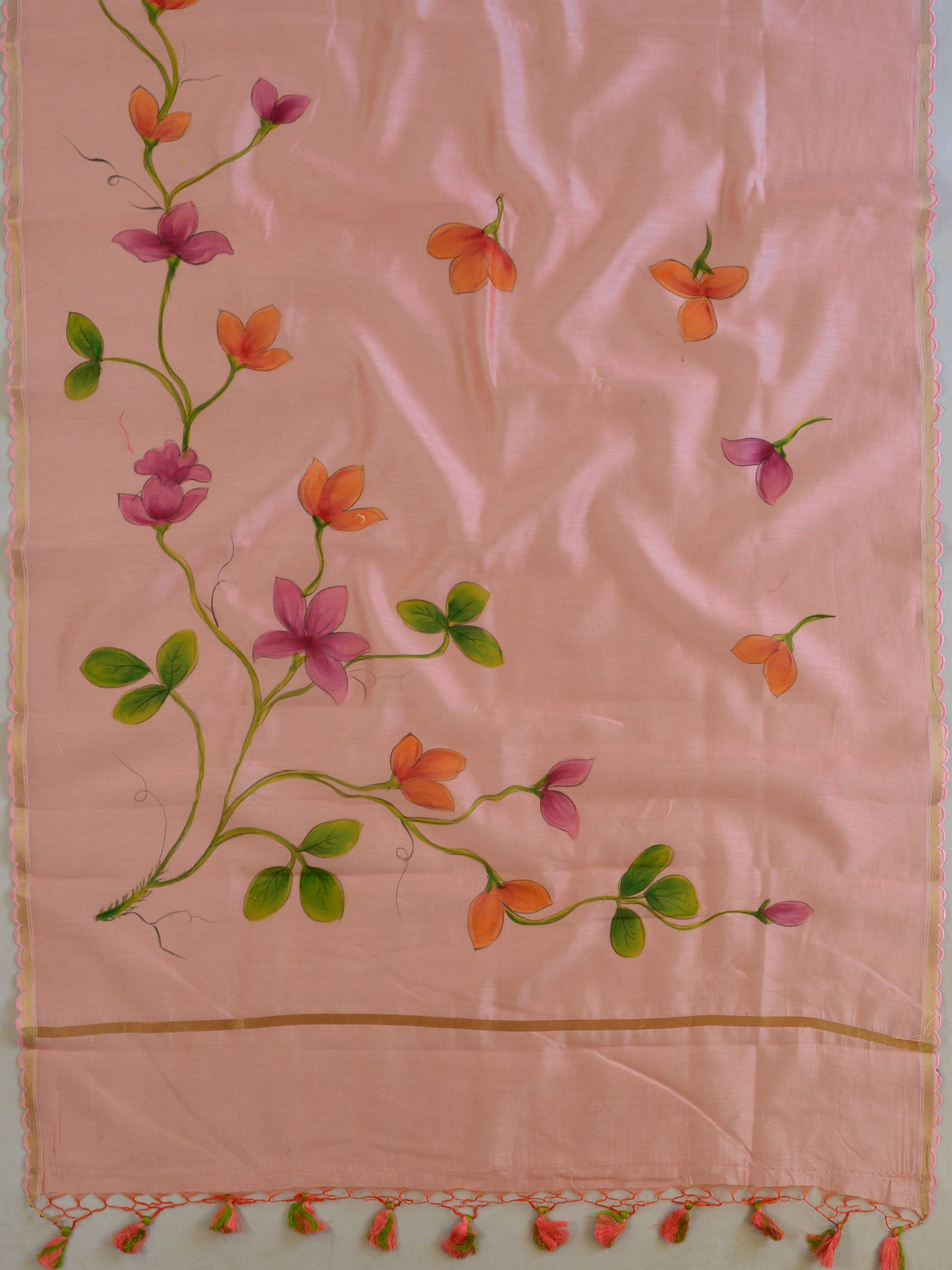 Banarasee Pure Handloom Chanderi Hand Painted Dupatta-Peach
