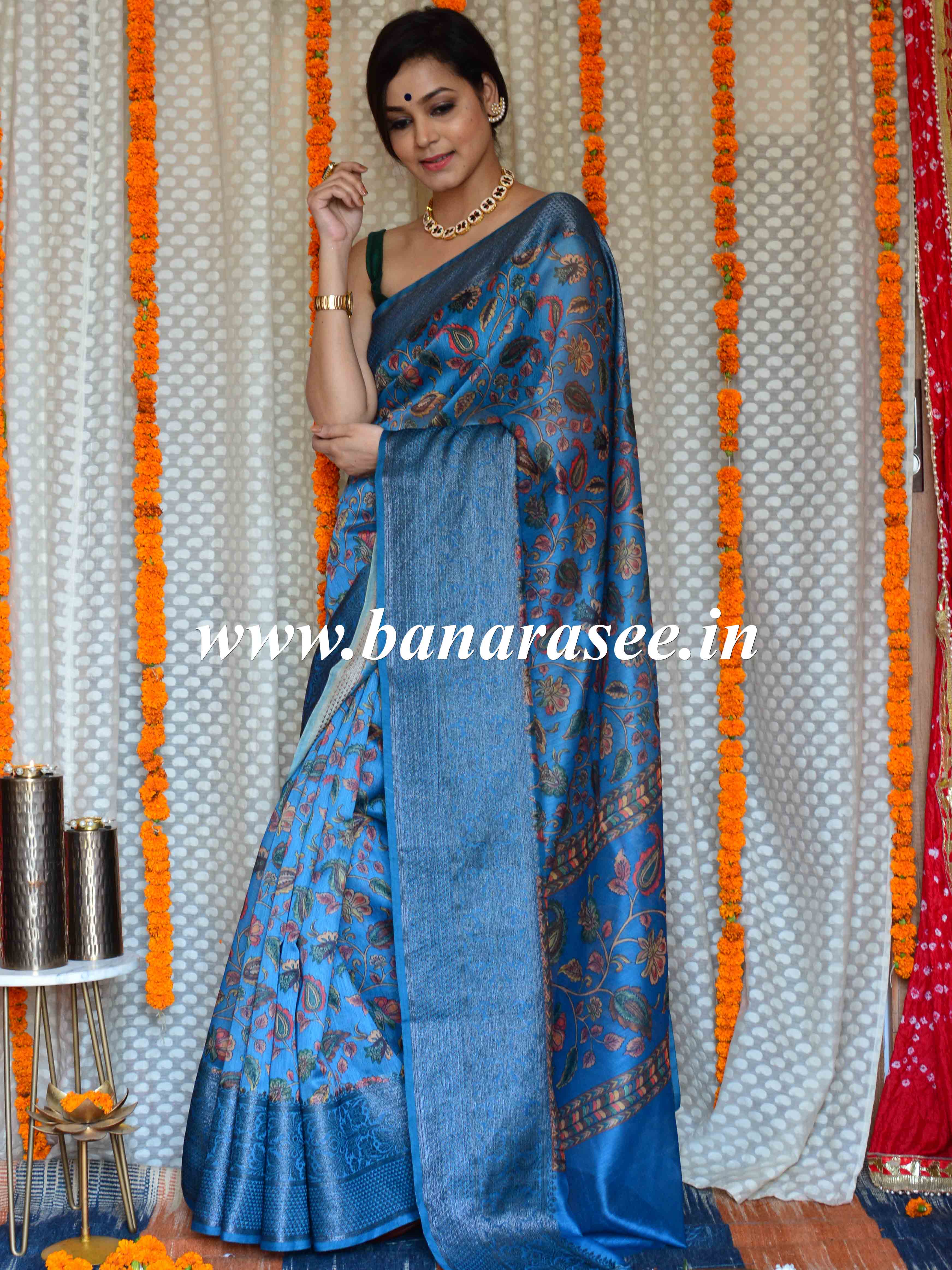 Banarasee Handloom Chanderi Digital Print Saree With Antique Zari Design-Blue