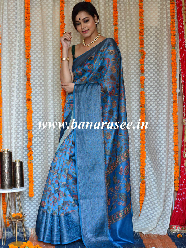 Banarasee Handloom Chanderi Digital Print Saree With Antique Zari Design-Blue