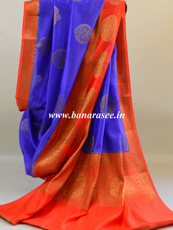 Banarasee Handloom Pure Dupion Silk Saree With Antique Zari Work-Blue & Orange