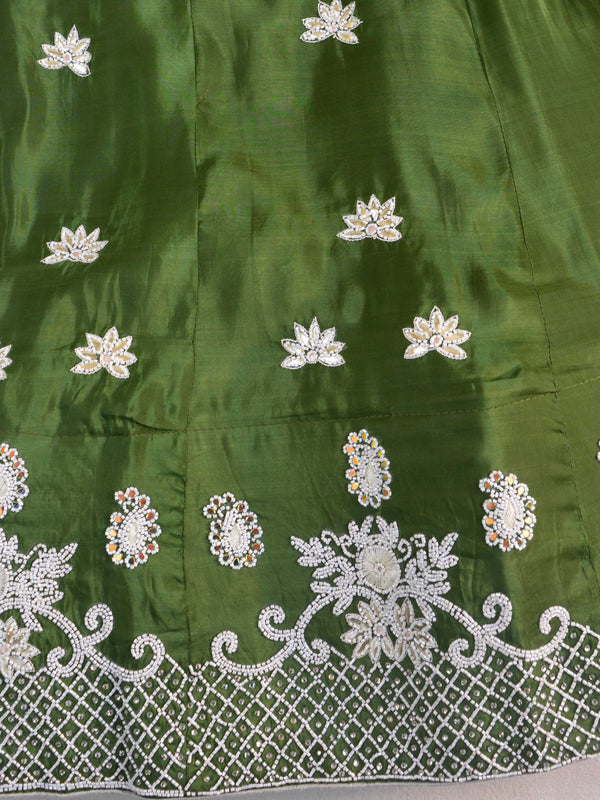 Banarasee Semi-Stitched Katdana & Zardozi Hand-work Lehenga Blouse & Dupatta-Olive Green & Yellow