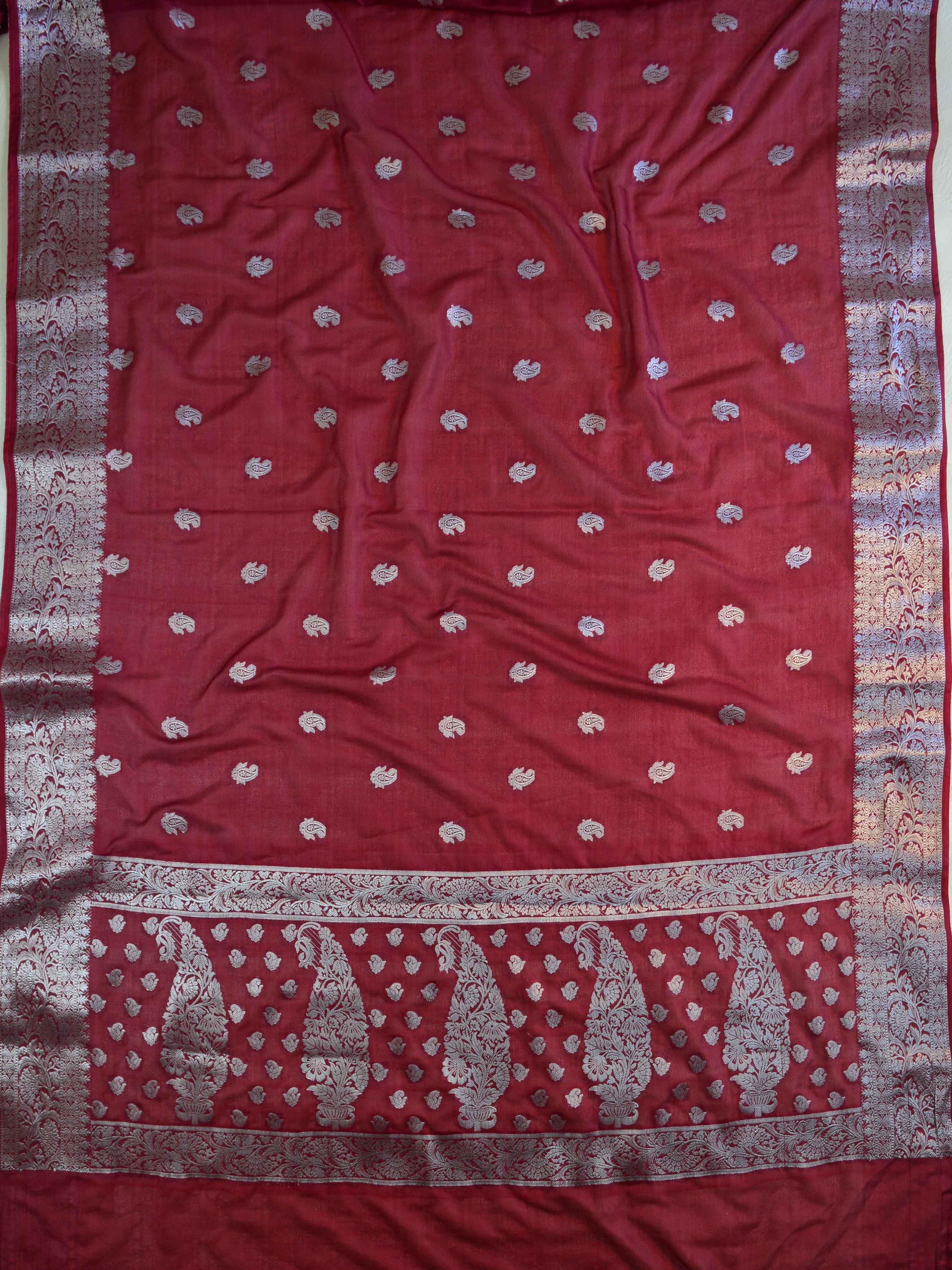 Banarasee Handwoven Semi-Chiffon Saree With Silver Zari & Contrast Blouse-Maroon