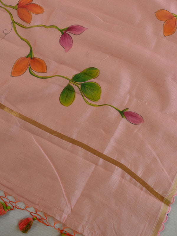 Banarasee Pure Handloom Chanderi Hand Painted Dupatta-Peach