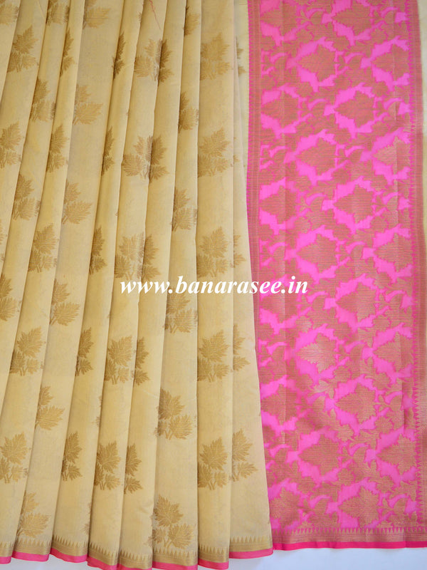 Banarasee Cotton Silk Mix Saree With Zari Leaf Buta-Beige