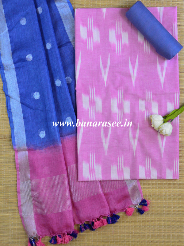 Bhagalpuri Ikkat Kameez With Shibori Dyed Linen Dupatta & Bottom-Pink & Blue
