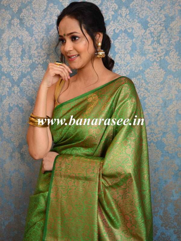 Kanjivaram Handwoven Semi Silk Saree With Jaal & Zari Border Design-Light Green