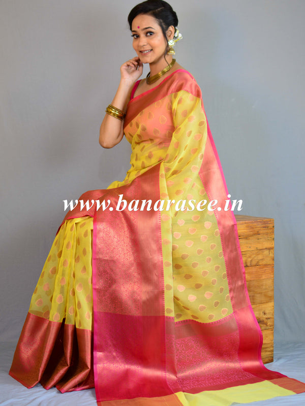 Banarasee Organza Mix Saree With Copper Zari Buti & Border-Yellow