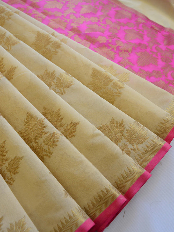 Banarasee Cotton Silk Mix Saree With Zari Leaf Buta-Beige